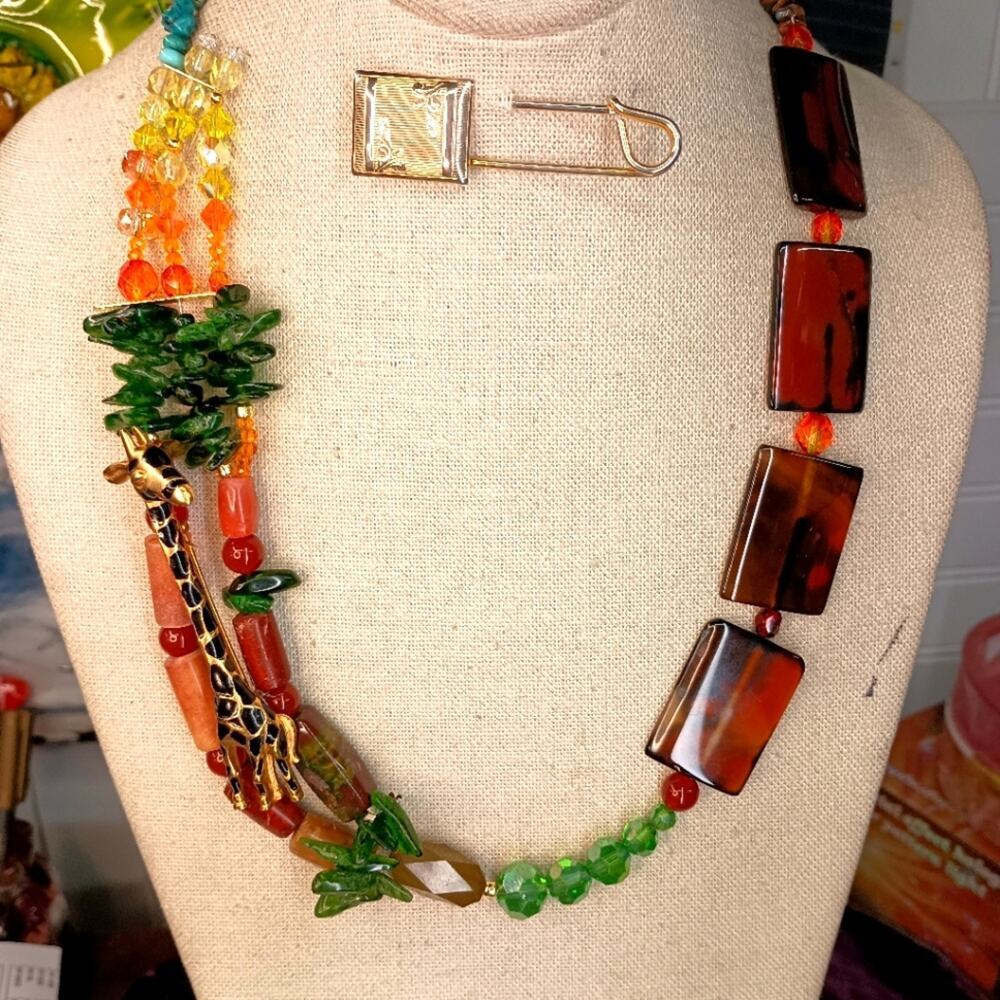 Colorful Green and Orange Necklace with Unique Bead Design